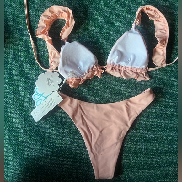 Shop Hopes Pink Ruffle High Waist Bikini Large Bottom/Medium Top - Picture 2 of 11